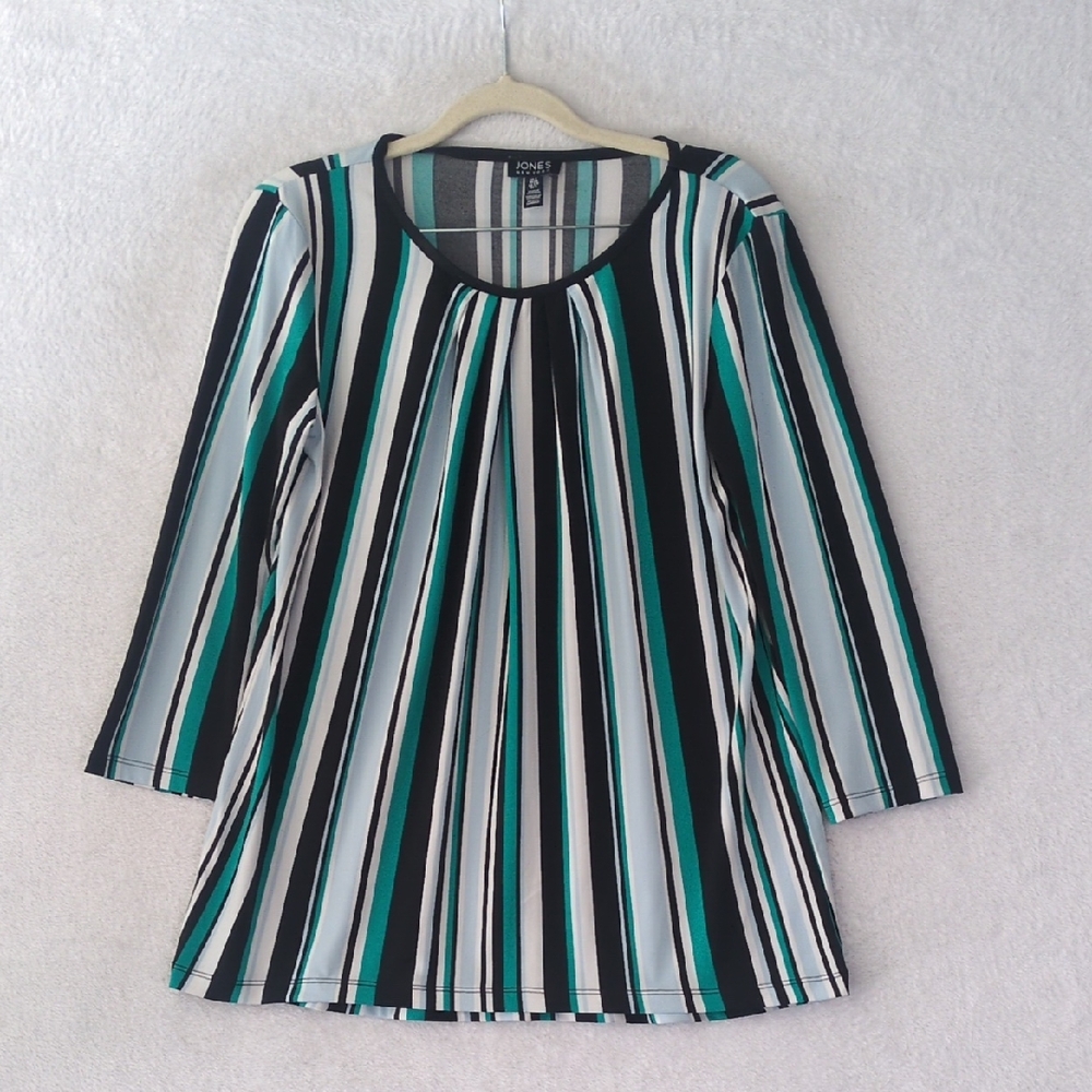 Jones New York Womens‎ Turquoise Striped 3/4 Sleeve Office Shirt Size S